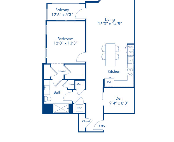 Blueprint of the A2A One Bedroom, One Bathroom Floor Plan at Camden Carolinian Apartments in Raleigh, NC