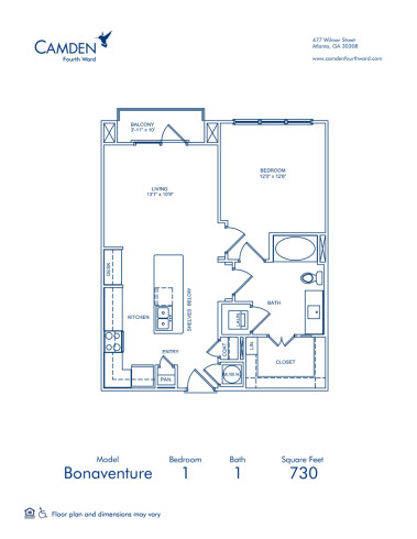 Blueprint of Bonaventure Floor Plan, 1 Bedroom and 1 Bathroom at Camden Fourth Ward Apartments in Atlanta, GA