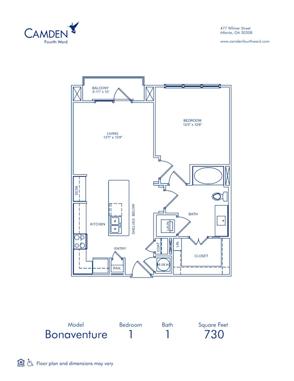Blueprint of Bonaventure Floor Plan, 1 Bedroom and 1 Bathroom at Camden Fourth Ward Apartments in Atlanta, GA