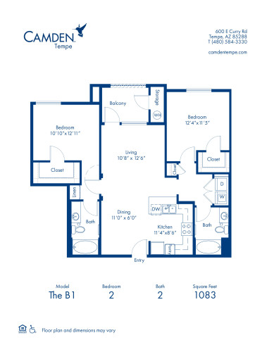 Blueprint of The B1 Floor Plan, 2 Bedrooms and 2 Bathrooms at Camden Tempe Apartments in Tempe, AZ