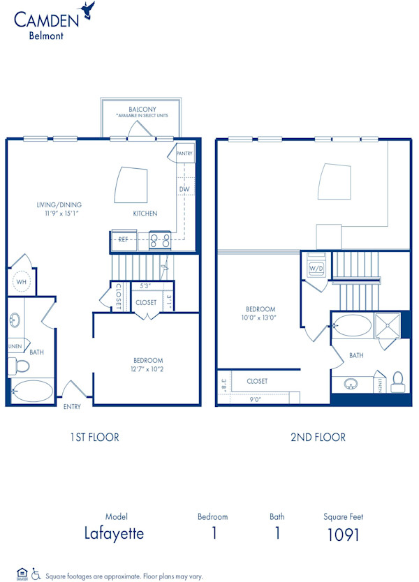 Blueprint of Lafayette Floor Plan, 2 Bedrooms and 2 Bathrooms at Camden Belmont Apartments in Dallas, TX