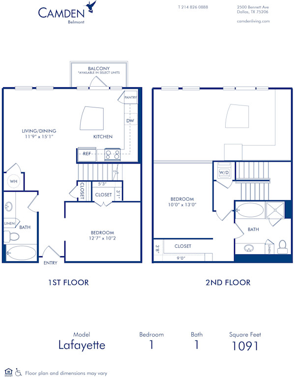 Blueprint of Lafayette Floor Plan, 2 Bedrooms and 2 Bathrooms at Camden Belmont Apartments in Dallas, TX