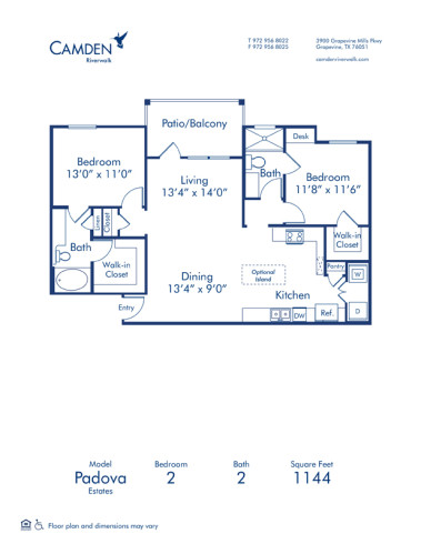 Blueprint of Padova Estates Floor Plan, 2 Bedrooms and 2 Bathrooms at Camden Riverwalk Apartments in Grapevine, TX