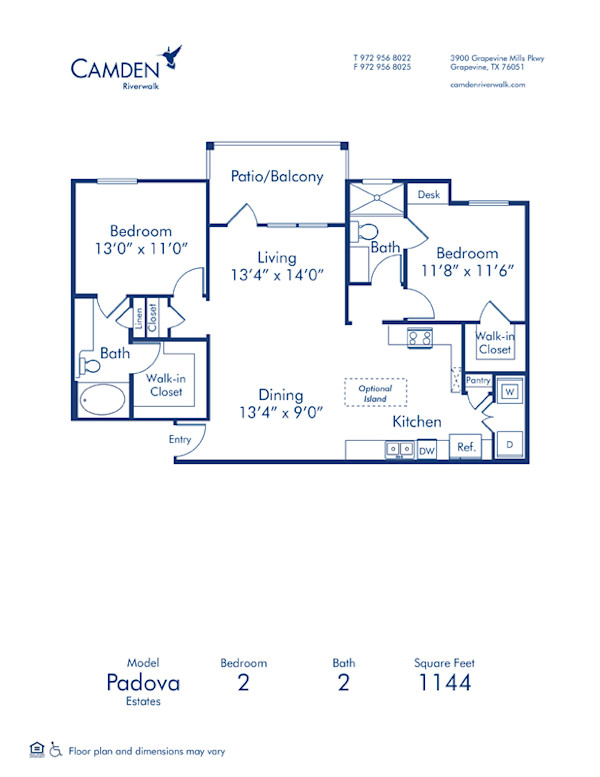 Blueprint of Padova Estates Floor Plan, 2 Bedrooms and 2 Bathrooms at Camden Riverwalk Apartments in Grapevine, TX