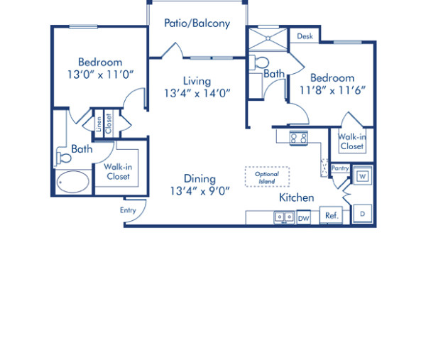 Blueprint of Padova Estates Floor Plan, 2 Bedrooms and 2 Bathrooms at Camden Riverwalk Apartments in Grapevine, TX