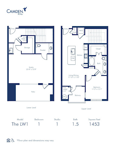 Camden Rino apartments in Denver live/work one bedroom floor plan diagram, The LW1