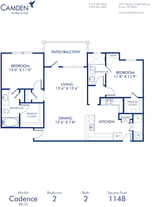 Blueprint of Cadence Floor Plan, 2 Bedrooms and 2 Bathrooms at Camden Panther Creek Apartments in Frisco, TX