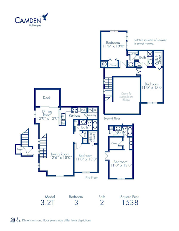 Blueprint of 3.2T Floor Plan, 3 Bedrooms and 2 Bathrooms at Camden Ballantyne Apartments in Charlotte, NC