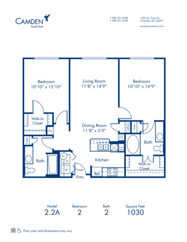 Blueprint of 2.2A Floor Plan, 2 Bedrooms and 2 Bathrooms at Camden South End Apartments in Charlotte, NC