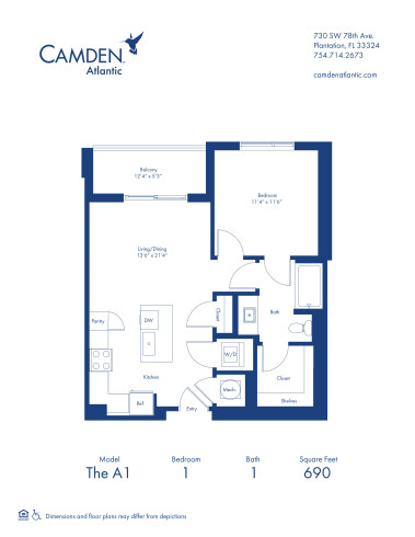 The A1 floor plan, 1 bed, 1 bath apartment home at Camden Atlantic in Plantation, FL