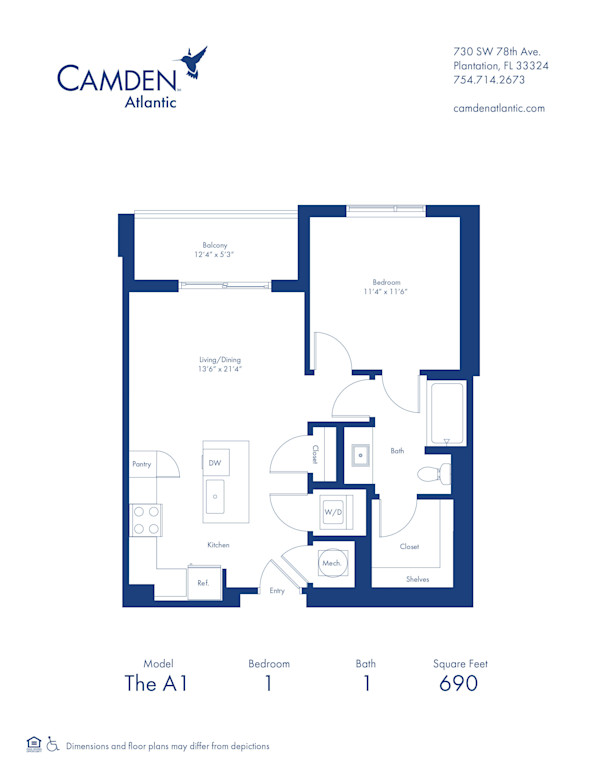 The A1 floor plan, 1 bed, 1 bath apartment home at Camden Atlantic in Plantation, FL
