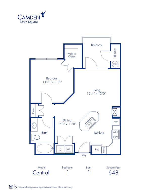Blueprint of Central Floor Plan, 1 Bedroom and 1 Bathroom at Camden Town Square Apartments in Kissimmee, FL