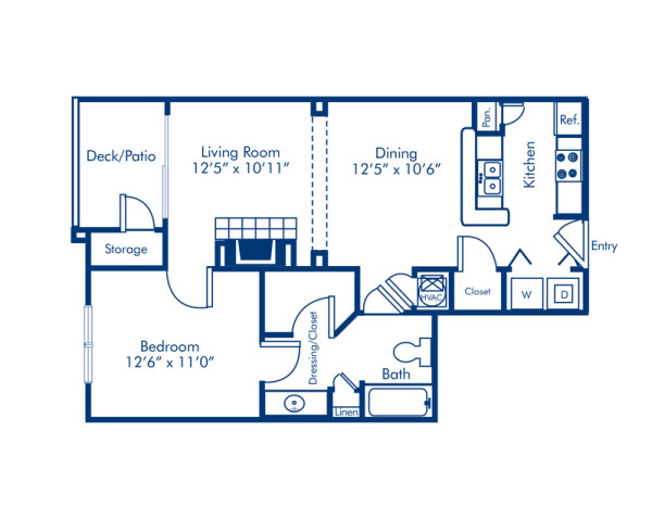 Blueprint of Pinehurst Floor Plan, 1 Bedroom and 1 Bathroom at Camden Peachtree City Apartments in Peachtree City, GA