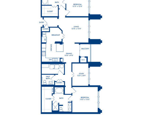 Blueprint of H Floor Plan, 2 Bedrooms and 2.5 Bathrooms at Camden Post Oak Apartments in Houston, TX