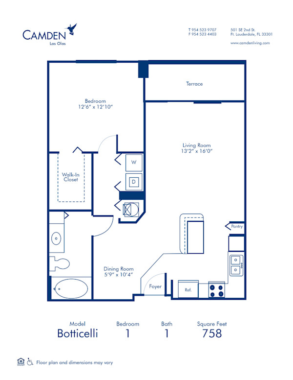 Blueprint of Botticelli B Floor Plan, 1 Bedroom and 1 Bathroom at Camden Las Olas Apartments in Fort Lauderdale, FL
