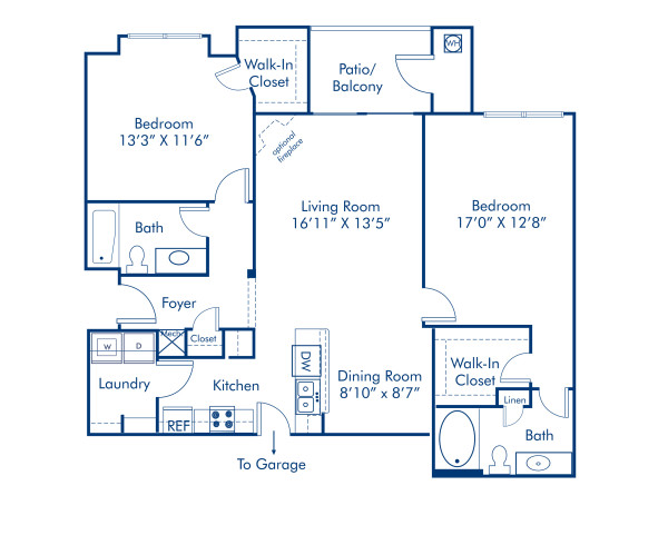 Blueprint of 2.2C Floor Plan, 2 Bedrooms and 2 Bathrooms at Camden Silo Creek Apartments in Ashburn, VA