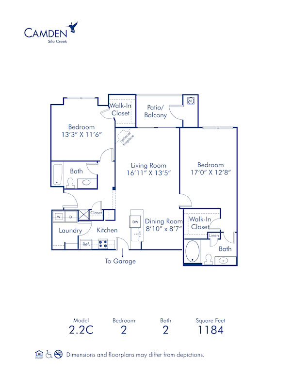 Blueprint of 2.2C Floor Plan, 2 Bedrooms and 2 Bathrooms at Camden Silo Creek Apartments in Ashburn, VA