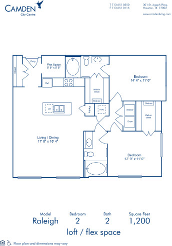 Blueprint of Raleigh - Loft Floor Plan, 2 Bedrooms and 2 Bathrooms at Camden City Centre Apartments in Houston, TX