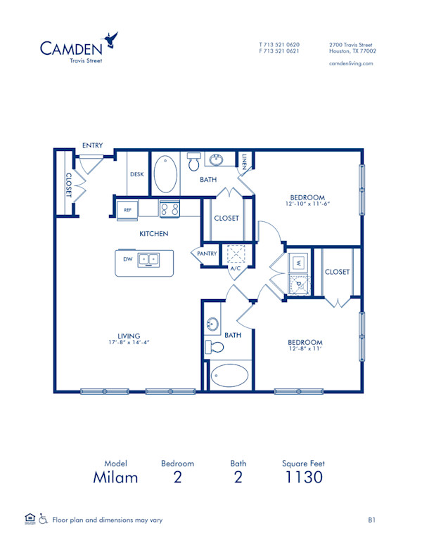 Blueprint of Milam Floor Plan, 2 Bedrooms and 2 Bathrooms at Camden Travis Street Apartments in Houston, TX