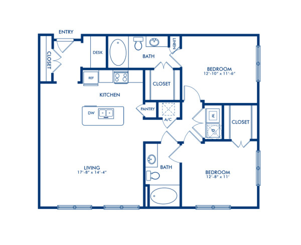 Blueprint of Milam Floor Plan, 2 Bedrooms and 2 Bathrooms at Camden Travis Street Apartments in Houston, TX