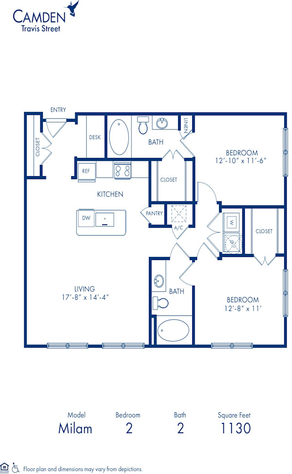 Blueprint of Milam Floor Plan, 2 Bedrooms and 2 Bathrooms at Camden Travis Street Apartments in Houston, TX