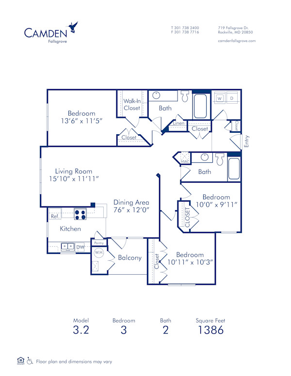 Blueprint of 3.2 Floor Plan, 3 Bedrooms and 2 Bathrooms at Camden Fallsgrove Apartments in Rockville, MD