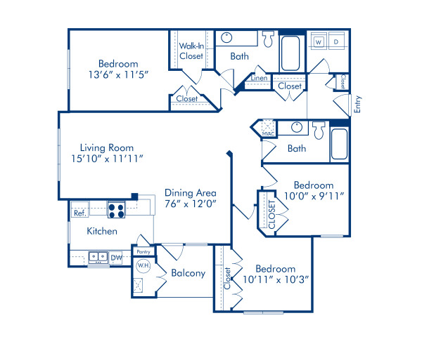 Blueprint of 3.2 Floor Plan, 3 Bedrooms and 2 Bathrooms at Camden Fallsgrove Apartments in Rockville, MD