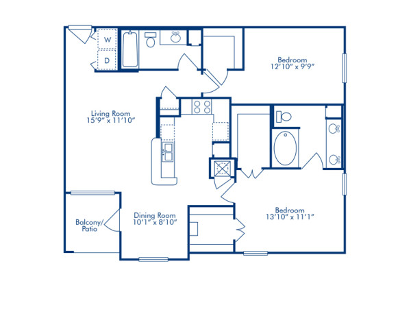 Blueprint of F Floor Plan, 2 Bedrooms and 2 Bathrooms at Camden Greenway Apartments in Houston, TX