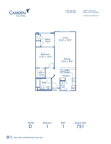 Blueprint of D Floor Plan, 1 Bedroom and 1 Bathroom at Camden Crown Valley Apartments in Mission Viejo, CA