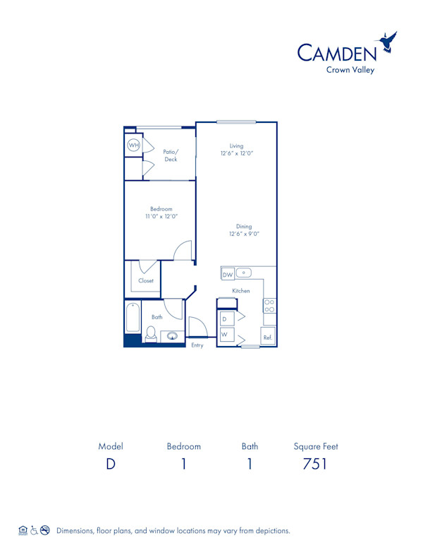 Blueprint of D Floor Plan, 1 Bedroom and 1 Bathroom at Camden Crown Valley Apartments in Mission Viejo, CA