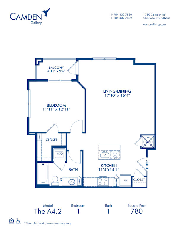 Blueprint of A4.2 Floor Plan, 1 Bedroom and 1 Bathroom at Camden Gallery Apartments in Charlotte, NC