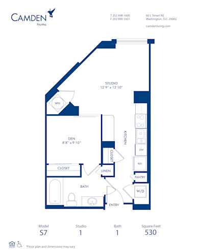 Blueprint of S7 Floor Plan, Studio with 1 Bathroom at Camden NoMa Apartments in Washington, DC