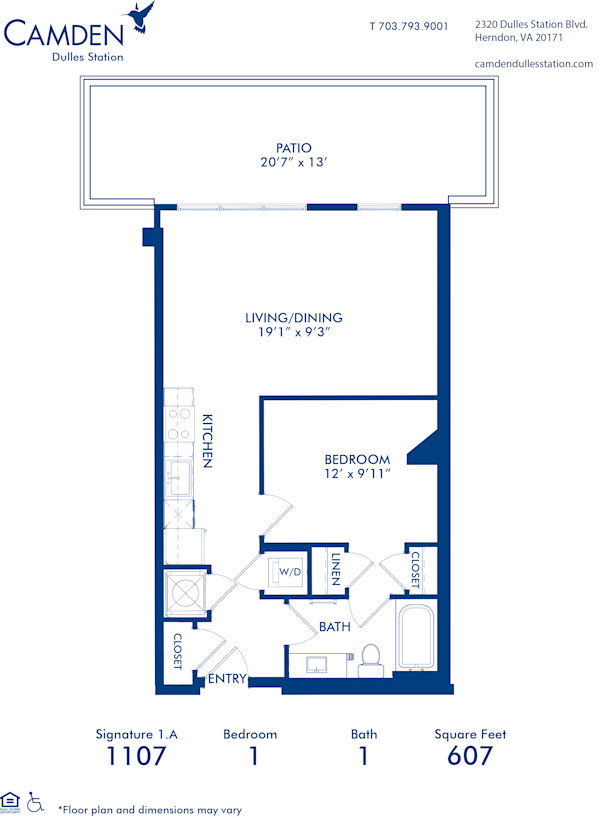 Blueprint of Signature 1.A Floor Plan, Apartment Home with 1 Bedroom and 1 Bathroom at Camden Dulles Station in Herndon, VA