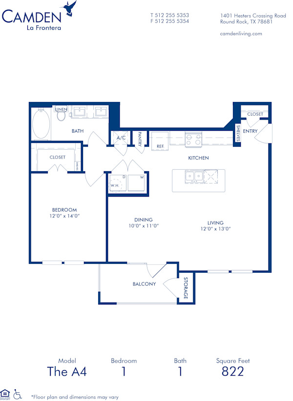 Blueprint of A4 Floor Plan, 1 Bedroom and 1 Bathroom at Camden La Frontera Apartments in Round Rock, TX