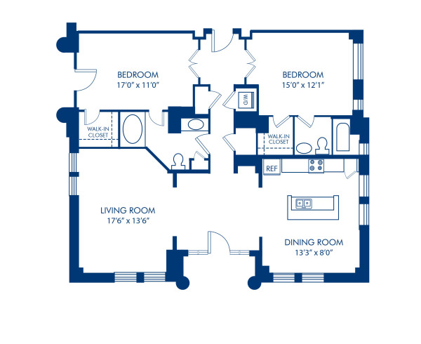 Blueprint of 2.2DB Floor Plan, 2 Bedrooms and 2 Bathrooms at Camden Roosevelt Apartments in Washington, DC