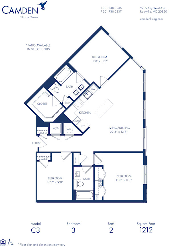 Blueprint of C3 Floor Plan, 3 Bedrooms and 2 Bathrooms at Camden Shady Grove Apartments in Rockville, MD