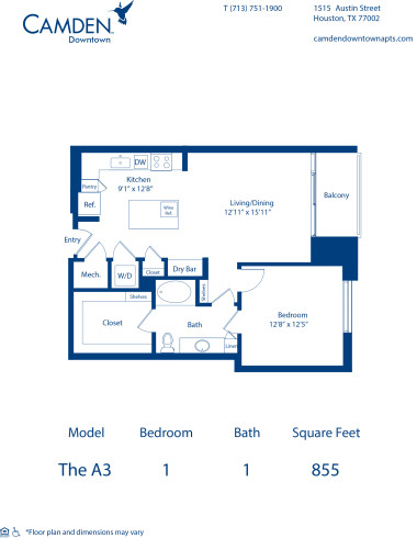 Camden Downtown Houston apartments one bedroom floor plan A3