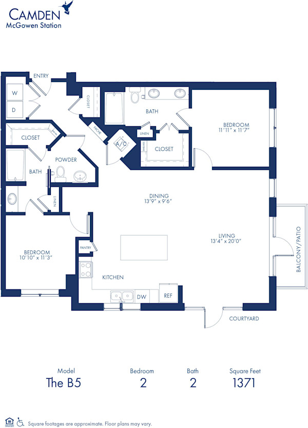 Blueprint of B5 Floor Plan, Two Bedroom and Two Bathroom Apartment at Camden McGowen Station Apartments in Midtown Houston, TX