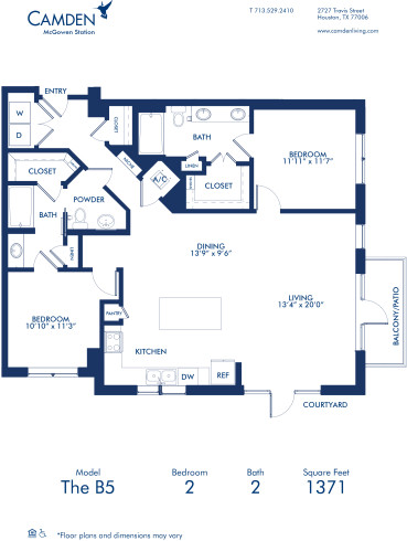 Blueprint of B5 Floor Plan, Two Bedroom and Two Bathroom Apartment at Camden McGowen Station Apartments in Midtown Houston, TX