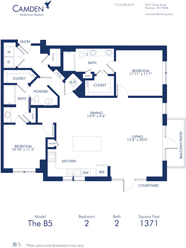 Blueprint of B5 Floor Plan, Two Bedroom and Two Bathroom Apartment at Camden McGowen Station Apartments in Midtown Houston, TX