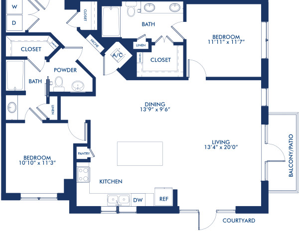 Blueprint of B5 Floor Plan, Two Bedroom and Two Bathroom Apartment at Camden McGowen Station Apartments in Midtown Houston, TX