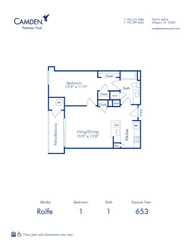 Blueprint of Rolfe Floor Plan, 1 Bedroom and 1 Bathroom at Camden Potomac Yard Apartments in Arlington, VA