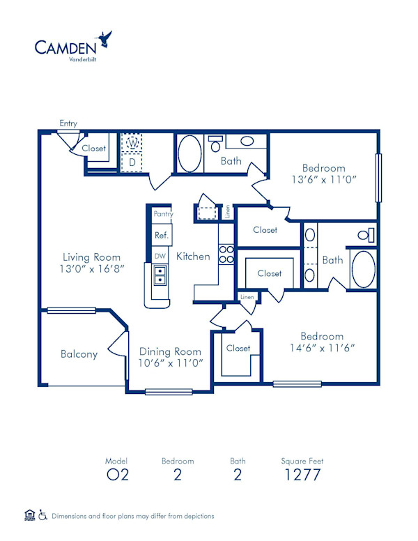Blueprint of O2 Floor Plan, 2 Bedrooms and 2 Bathrooms at Camden Vanderbilt Apartments in Houston, TX