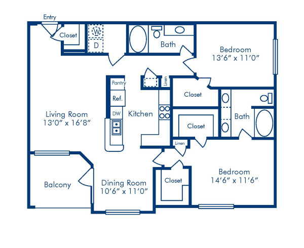 Blueprint of O2 Floor Plan, 2 Bedrooms and 2 Bathrooms at Camden Vanderbilt Apartments in Houston, TX