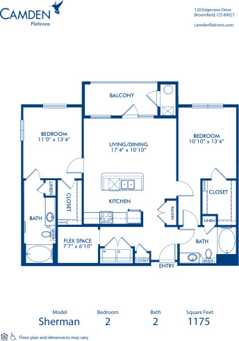 Blueprint of Sherman Floor Plan, 2 Bedrooms and 2 Bathrooms at Camden Flatirons Apartments in Broomfield, CO