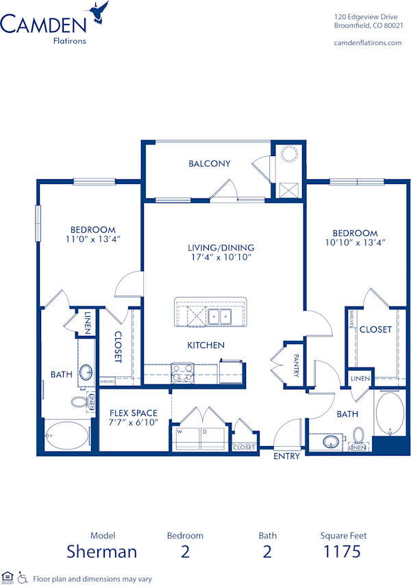 Blueprint of Sherman Floor Plan, 2 Bedrooms and 2 Bathrooms at Camden Flatirons Apartments in Broomfield, CO