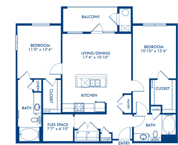 Blueprint of Sherman Floor Plan, 2 Bedrooms and 2 Bathrooms at Camden Flatirons Apartments in Broomfield, CO