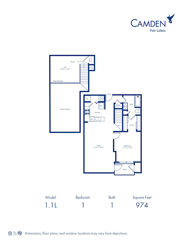 Blueprint of 1.1L Floor Plan, 1 Bedroom and 1 Bathroom at Camden Fair Lakes Apartments in Fairfax, VA