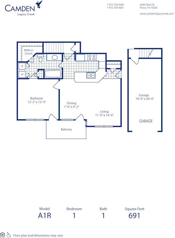Blueprint of A1R Floor Plan, 1 Bedroom and 1 Bathroom at Camden Legacy Creek Apartments in Plano, TX