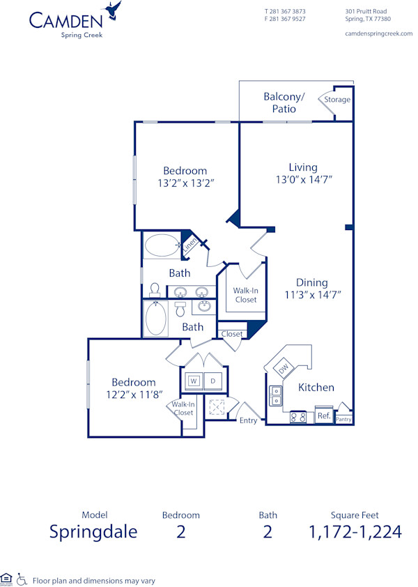 Blueprint of Springdale 2 Floor Plan, 2 Bedrooms and 2 Bathrooms at Camden Spring Creek Apartments in Spring, TX